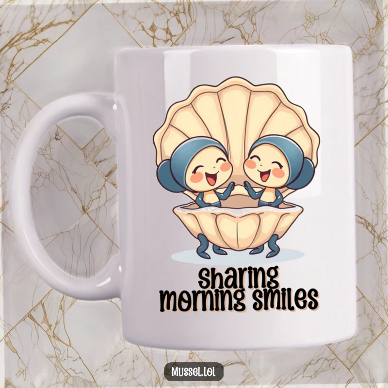 Funny Mug: Two happy mussel characters giggling joyfully while sharing a giant clam shell, embodying friendship and humor.