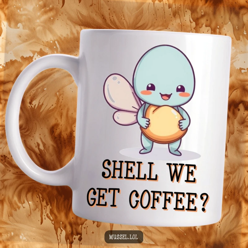 Funny Mussel Mug featuring a friendly mussel character offering a shell with a heartwarming smile, perfect for gifting.