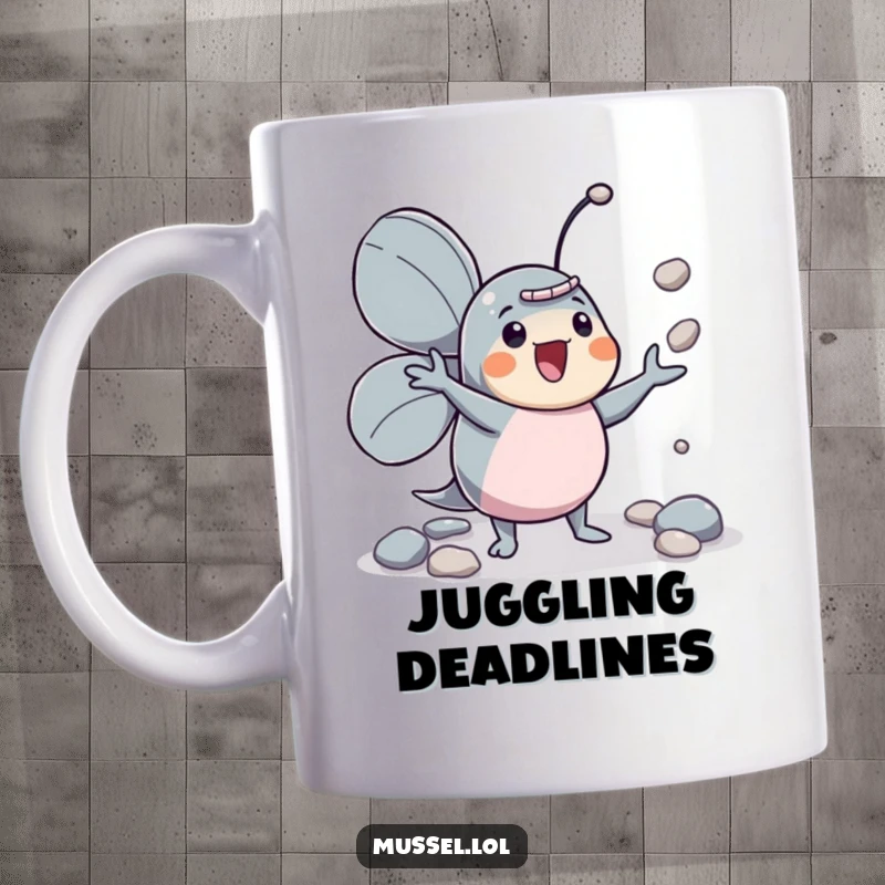 Funny mussel character enthusiastically juggling small pebbles with a smile.