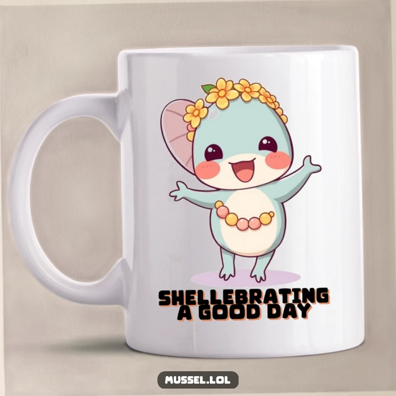 Funny Mussel Lei Dancer Mug featuring a happy mussel character in a flower lei, joyfully dancing and spreading good vibes.
