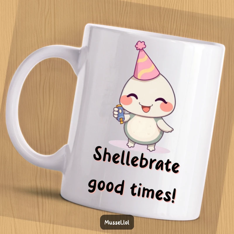 Funny Mussel Mug with a tiny party hat and noisemaker, ready to party with hilarious enthusiasm, a perfect funny gift.