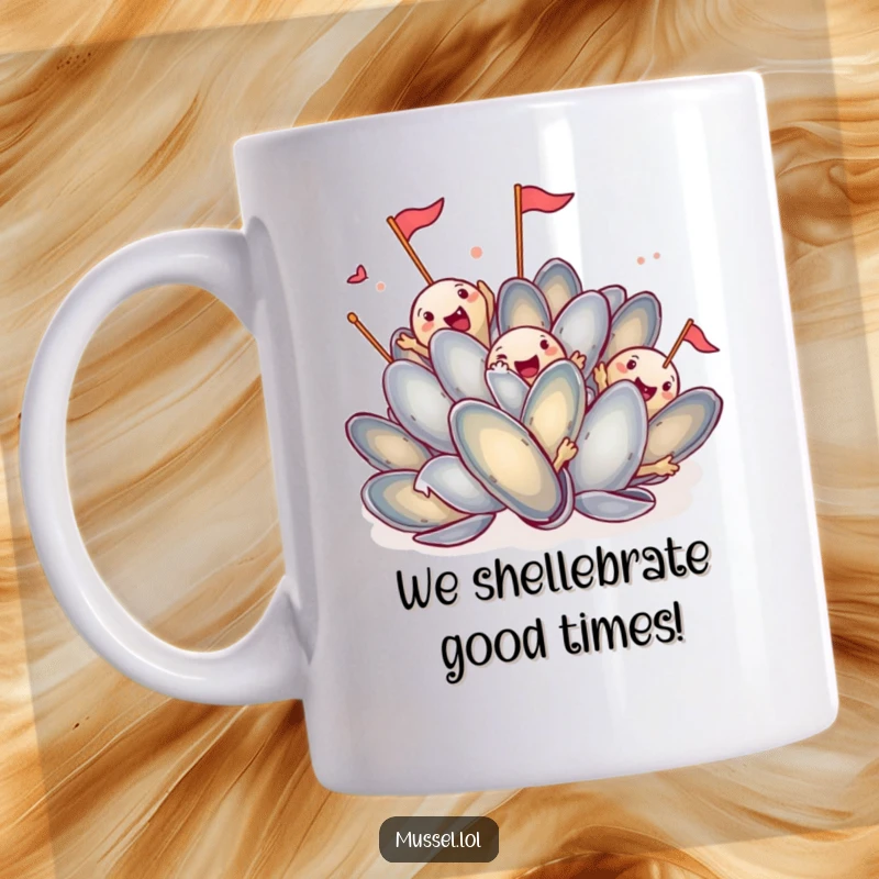 Funny Mussel Party Mug: Group of excited mussels waving tiny flags, celebrating joyfully, perfect for a humorous gift.