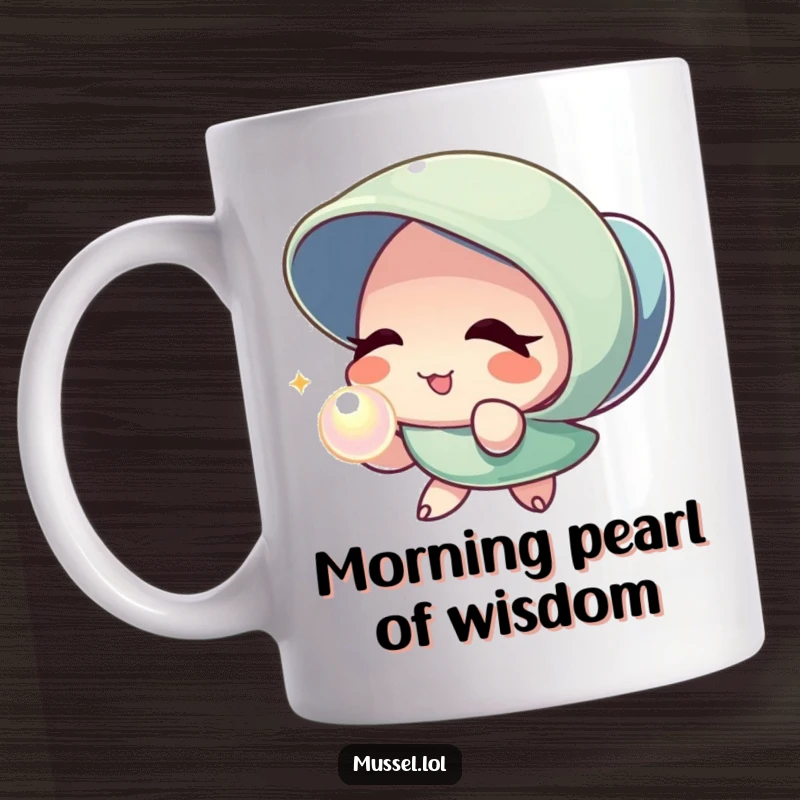 Funny Mussel Pearl Wink Mug: A charming mussel character winks playfully while holding out a luminous pearl, symbolizing treasure and delight.