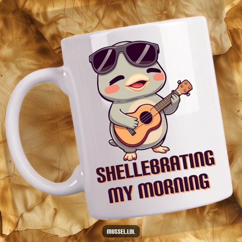 Funny Mussel Mug: A cool, sunglass-wearing mussel character joyfully plays a tiny ukulele, perfect for music lovers.