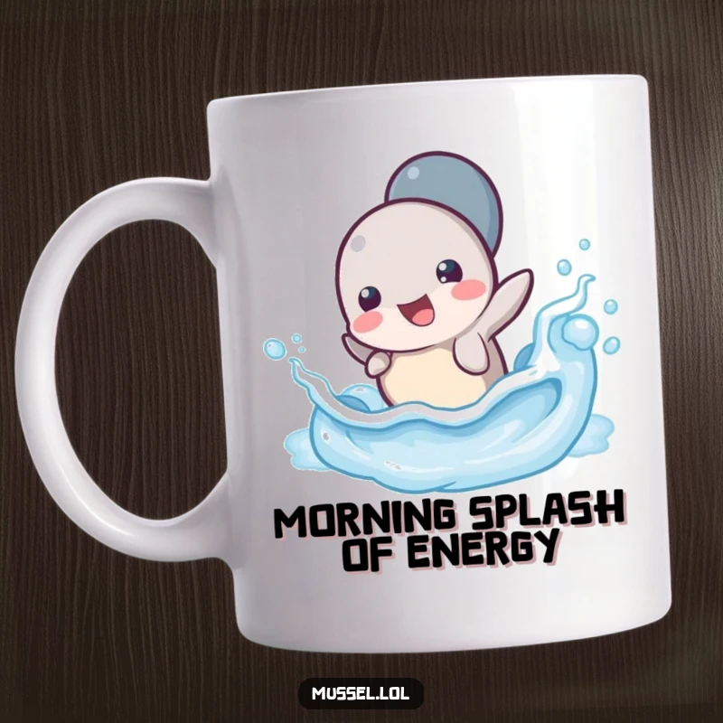 Funny Mussel Wave Splash Mug: A cheerful mussel character joyfully splashing in a small, stylized ocean wave, embodying pure delight.