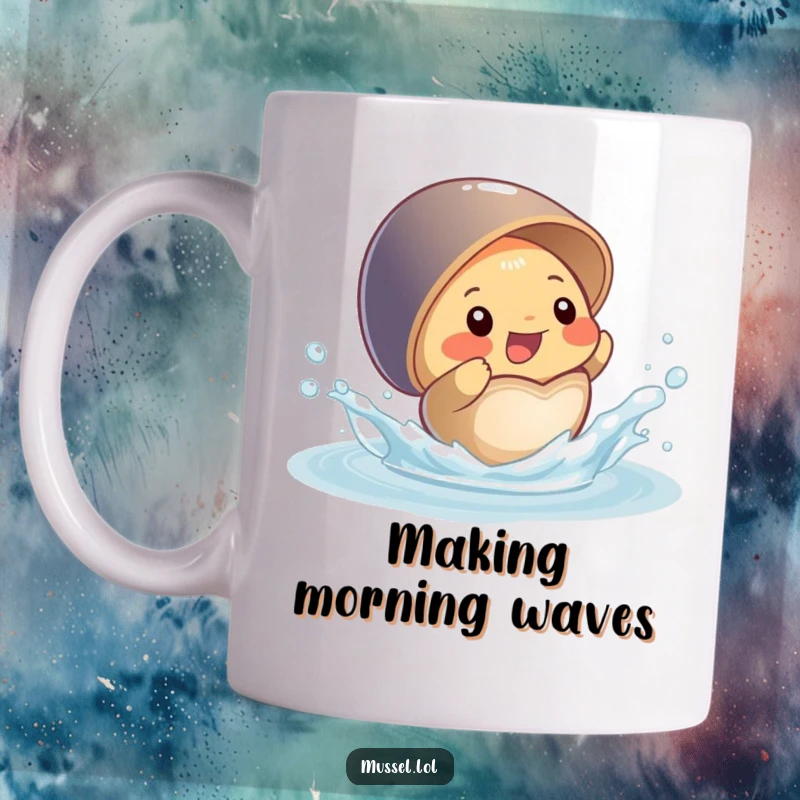 Funny mug showcasing a playful mussel character joyfully splashing water from its open shell, a fun and energetic design.