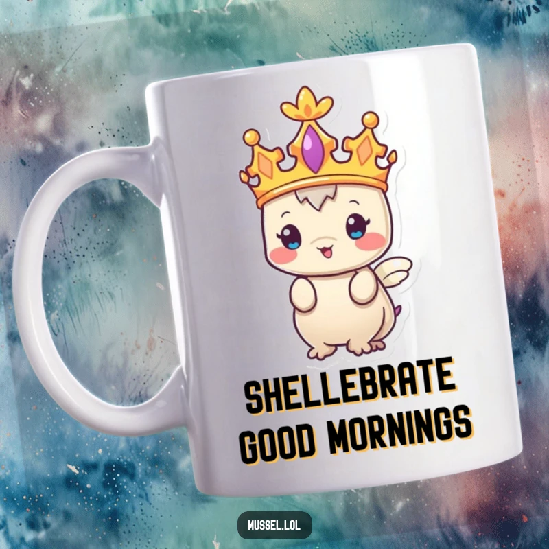 Funny Mussel Mug with a tiny crown, looking like a regal king, perfect for a humorous gift.