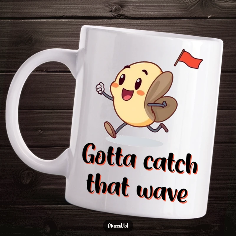Funny mussel with little legs, excitedly running with a tiny flag held high, on a motivational mug for a good laugh.