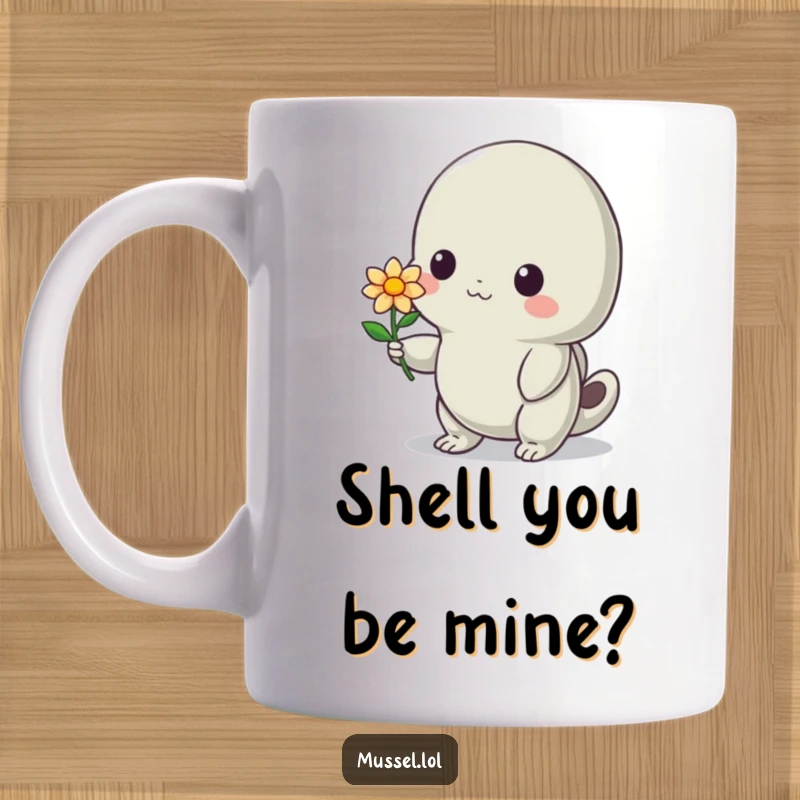 Funny Mussel Mug: A shy mussel character gently offering a tiny flower with a sweet, bashful smile, radiating innocent charm.