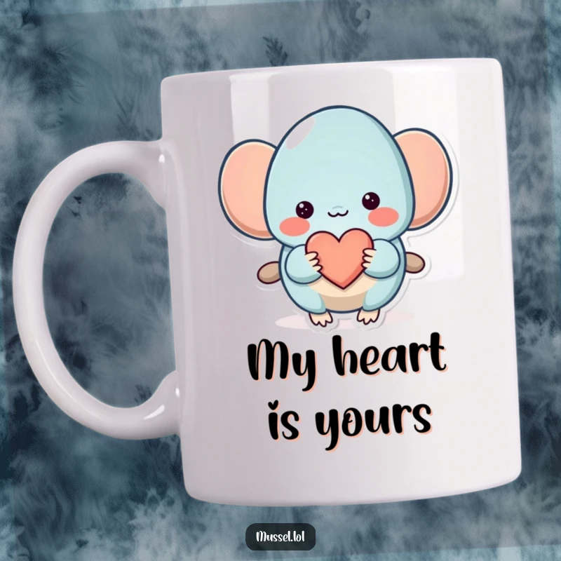 Funny Mussel Mug: A shy mussel offers a small heart with a bashful grin, conveying sweet affection and humor.