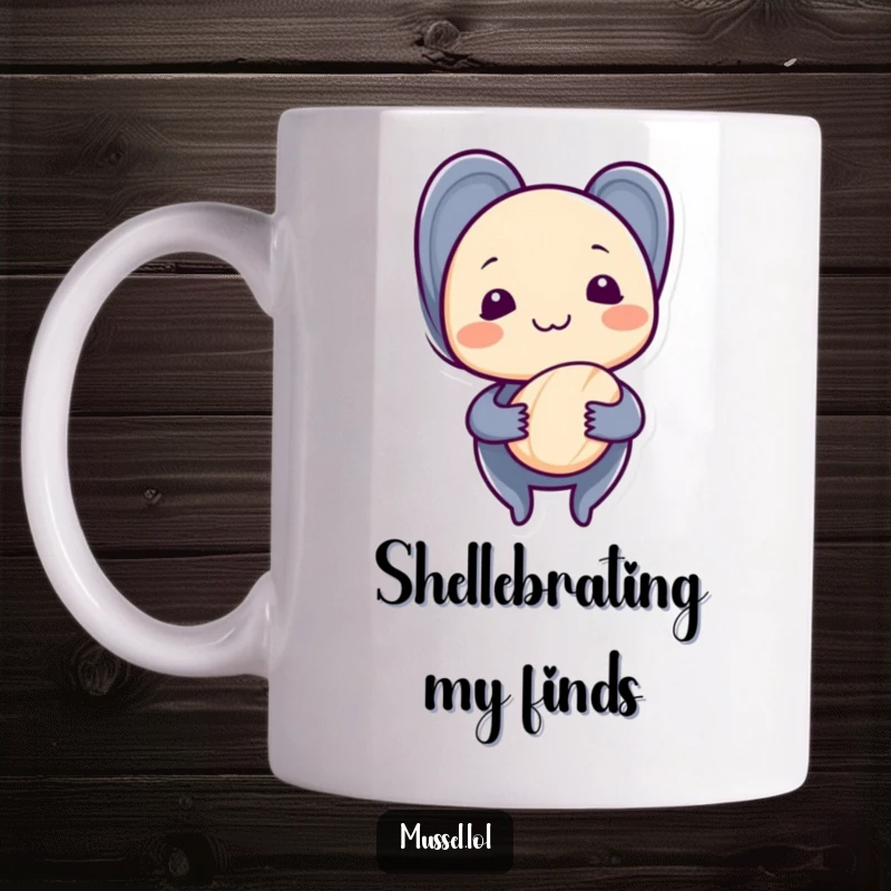 Funny mussel with a shy grin, holding a single seashell, depicted on a mug, radiating quiet charm and humor.