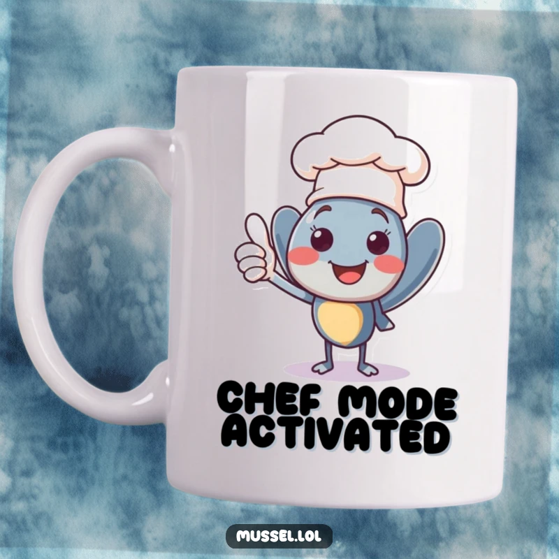 Funny smiling mussel character wearing a tiny chef hat, giving a confident thumbs up, a proud and humorous mug.