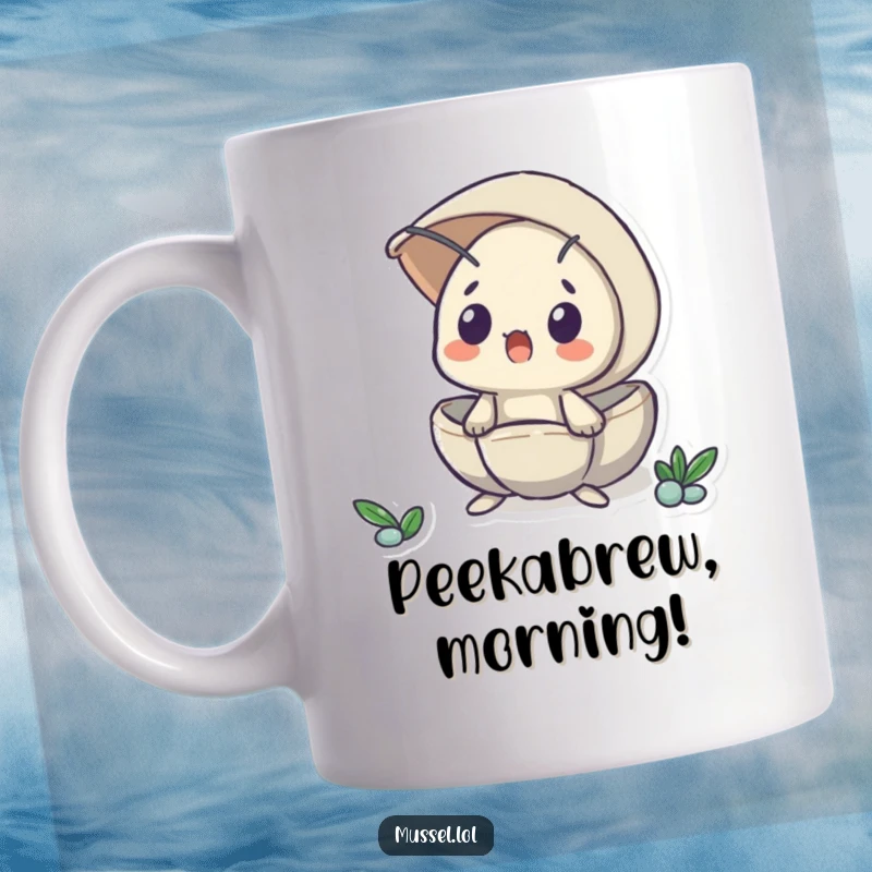 Funny mug showing a surprised mussel character peeking its head out from its shell, eyes wide with shock and mild alarm.