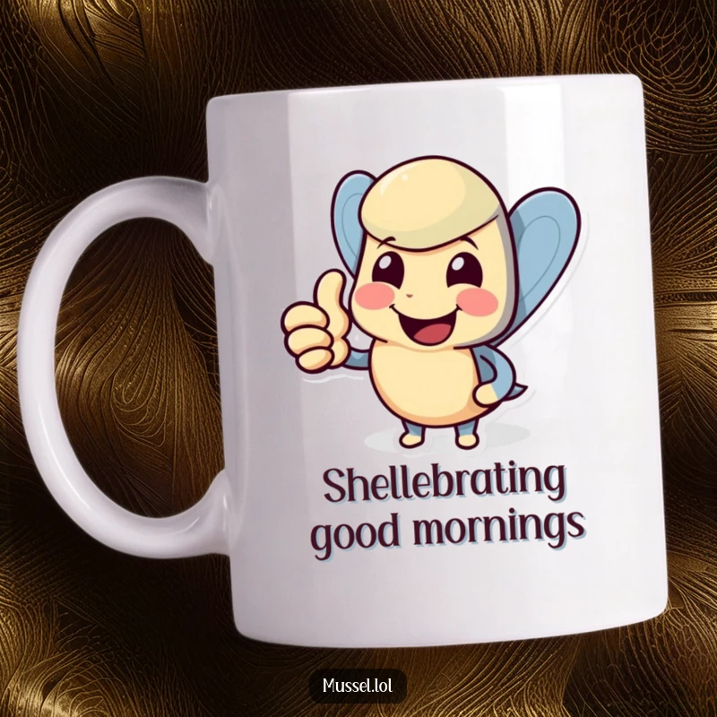 Funny mussel mug with a smiling character giving a cheerful thumbs up, radiating positivity and good vibes.