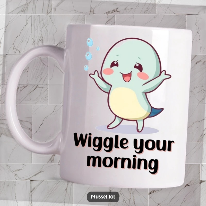Funny mug featuring a mussel character doing a joyful wiggle dance, surrounded by playful water droplets.
