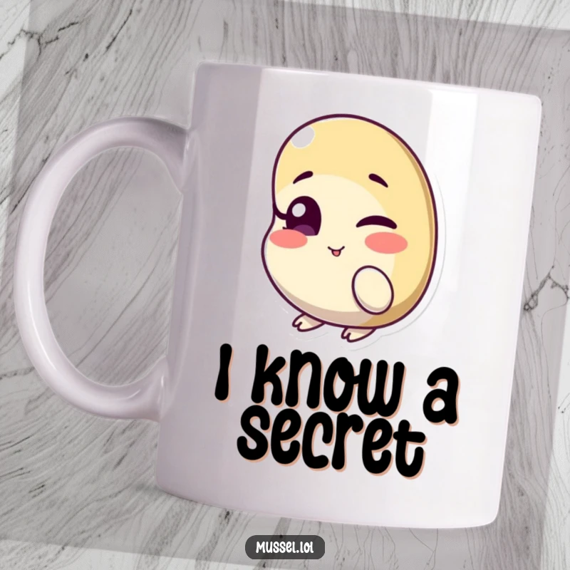 Funny mug with a mussel character subtly winking with one eye slightly ajar, conveying playfulness and humor.