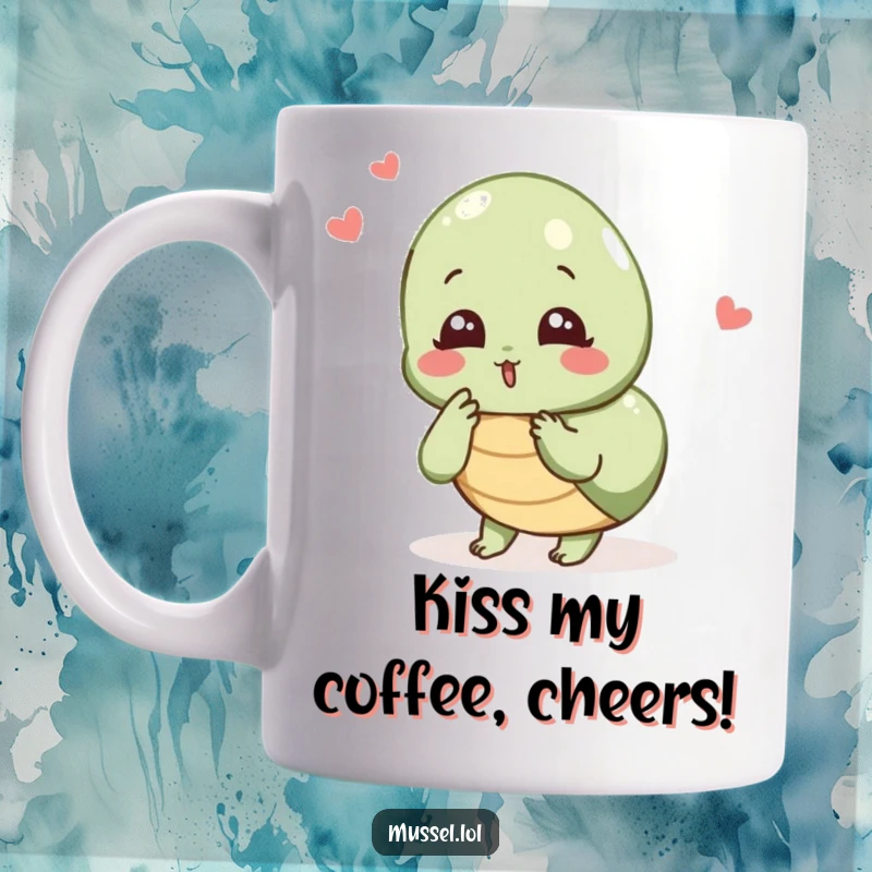 Funny Mussel Kiss Mug: A delighted mussel character blowing a kiss, conveying sweet and humorous affection.