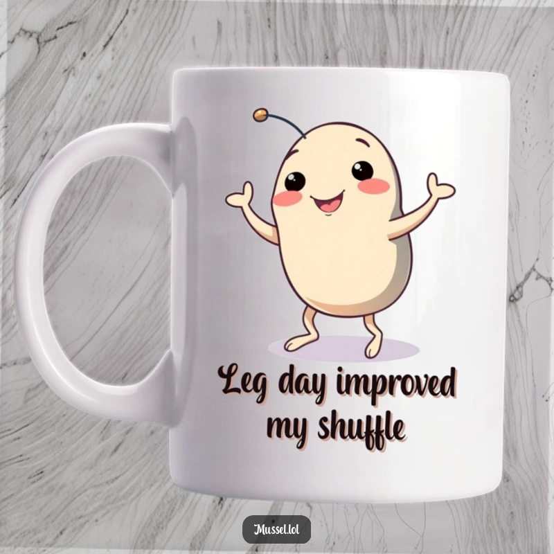 Funny Mussel Mug: A smiling mussel with legs performs a silly dance shuffle, radiating pure joy and humor.