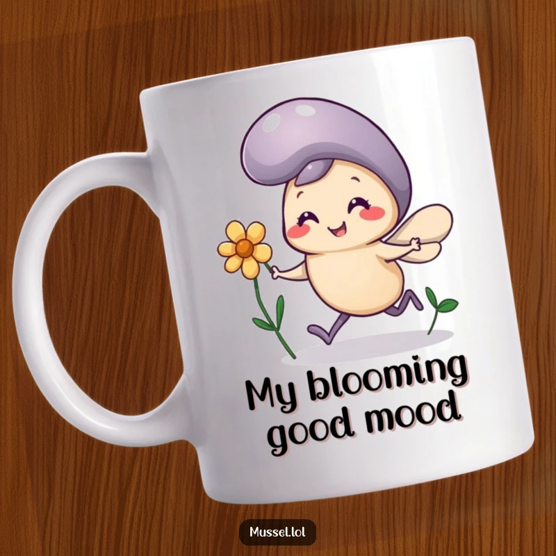 Funny Mussel Flower Mug: A mussel character with comically tiny legs runs joyfully holding a single flower, embodying pure happiness.