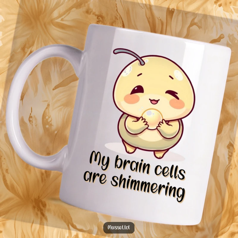 Funny Mussel Mug: A winking mussel character playfully holds a tiny, glowing pearl, radiating charm and humor.