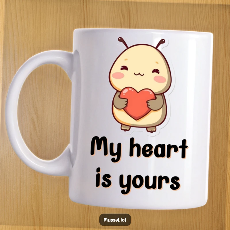 Funny mug featuring a shy mussel character blushing deeply while tenderly holding a red heart, conveying sweet affection.