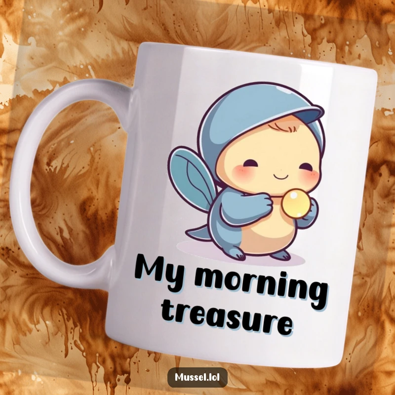 Funny mug with a mussel character proudly holding a small, shiny pearl, symbolizing treasure and simple joy.