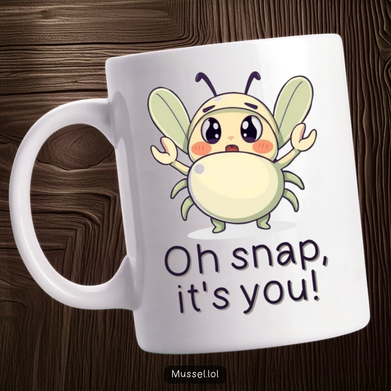 Funny mug featuring a wide-eyed, surprised mussel character looking at a small crab waving cheerfully, a humorous encounter.