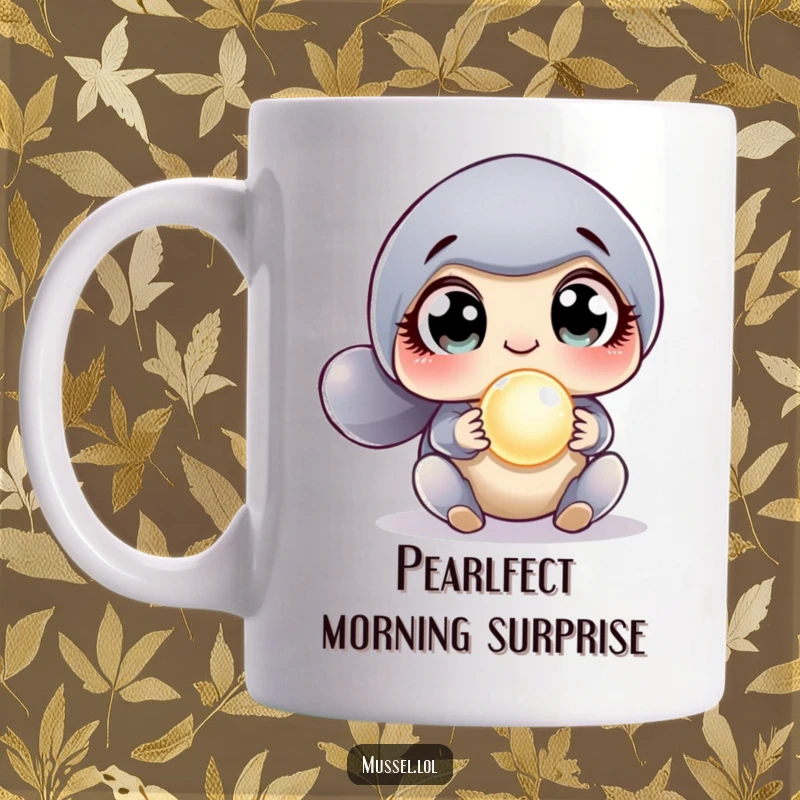 Funny Surprised Mussel Mug showing a mussel with wide, shocked eyes discovering a bright, twinkling pearl, capturing a moment of oceanic wonder.