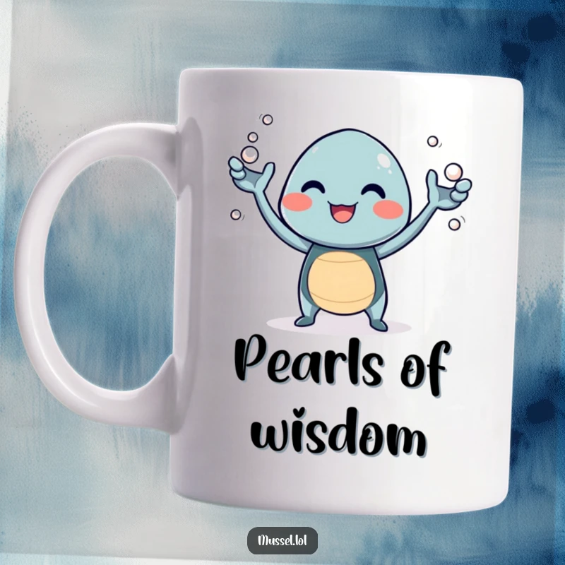 Funny mug featuring a giggling mussel character skillfully juggling several tiny, shimmering pearls with its arms.