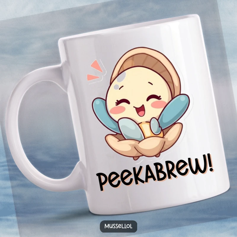 Funny mug featuring a mussel character winking as it playfully pops out of its shell with a flourish.