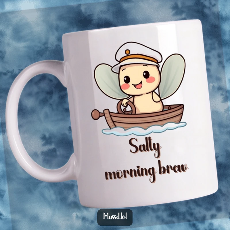 Funny Mug: A smiling mussel character in a sailor hat expertly steering a small boat, embodying nautical charm and humor.