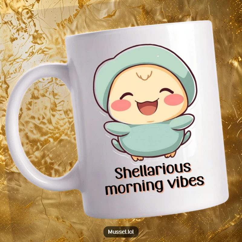 Funny mussel character with rosy cheeks laughing heartily, depicted on a cheerful mug.