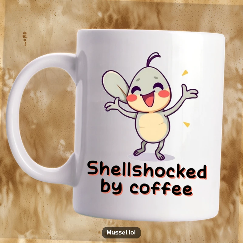Funny Mussel Dance Mug: A mussel character energetically dancing and shaking its shells, bringing hilarious energy to your drinkware.