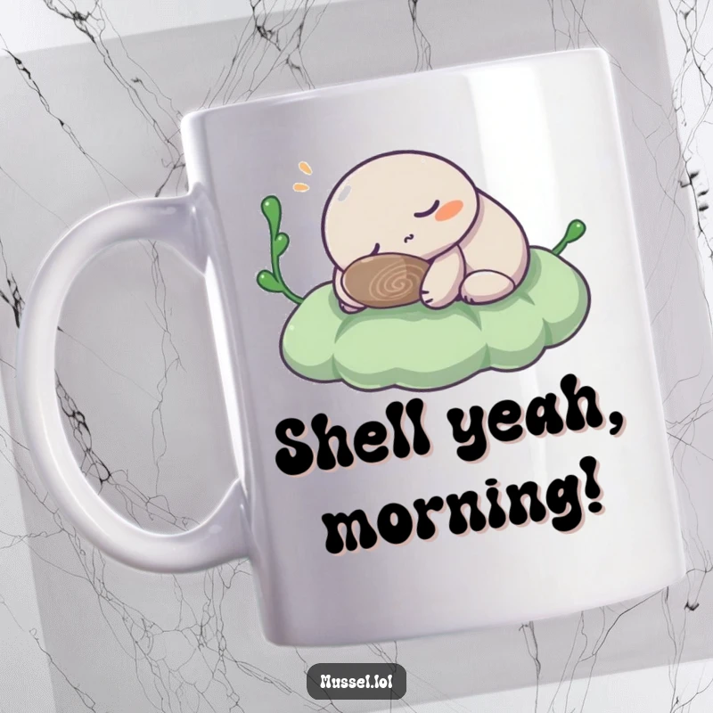 Funny Mussel Mug: A sleepy mussel character blissfully snoozing on a soft seaweed patch, embodying pure peace and quiet.