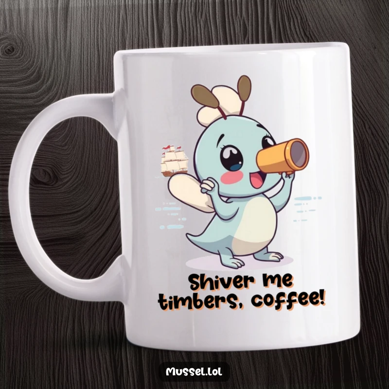 Funny Mussel Mug: A curious mussel uses a spyglass to spot a distant ship, embodying excitement and adventure.