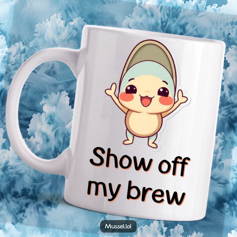 Funny mussel mug featuring a character in a silly, proud pose with its shell open, showing off confidence.