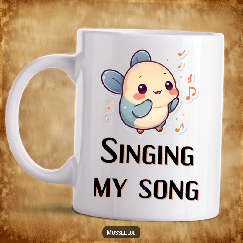 Funny mussel character with tiny musical notes floating around it, a melodious and humorous mug design.