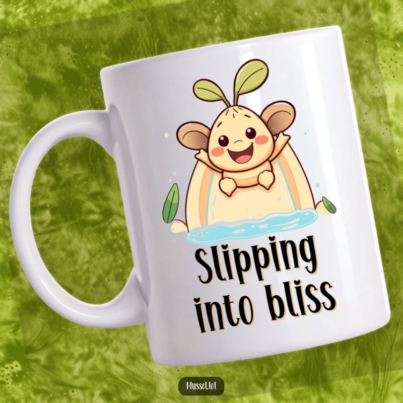 Funny mussel character with a large smile sliding down a water slide, a depiction of pure, exhilarating fun mug.