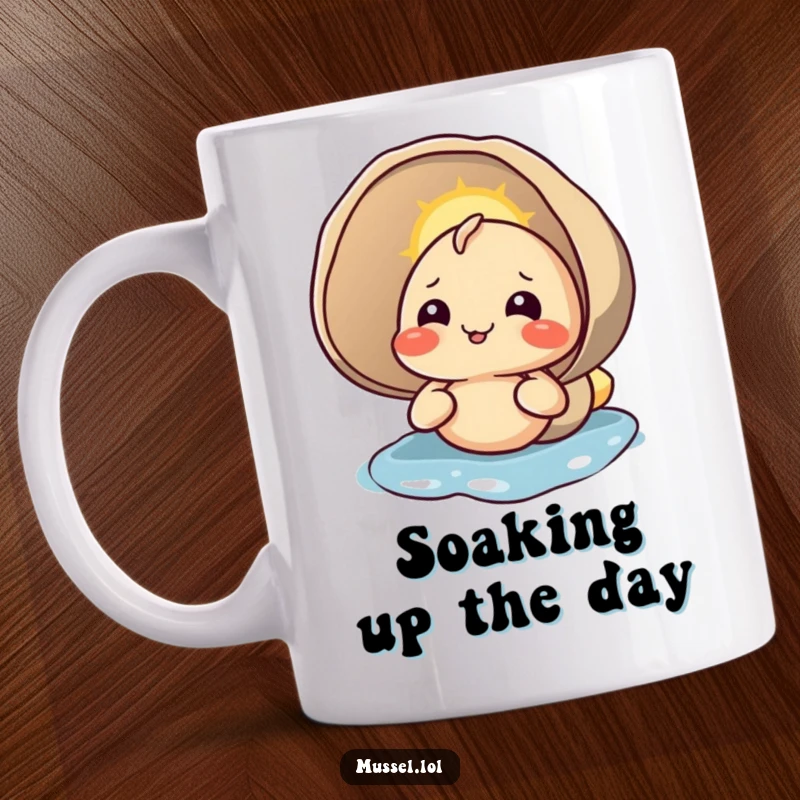 Funny mug showcasing a content mussel character peacefully enjoying the sunlight on its shell, a serene and humorous scene.