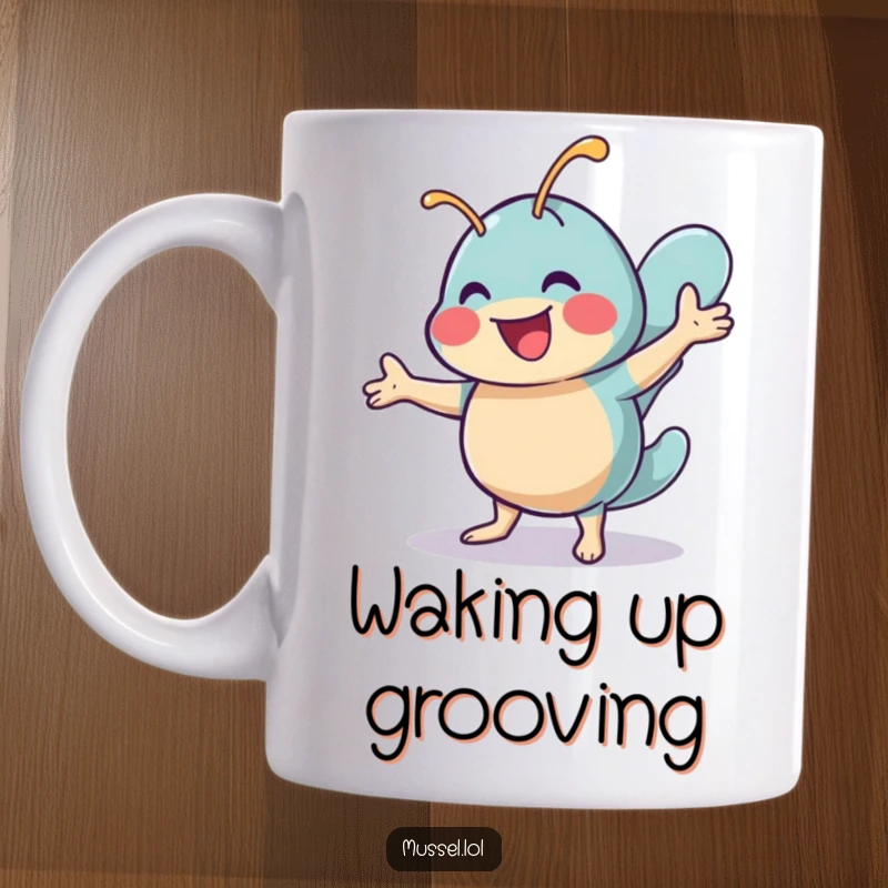 Funny mug with a cheerful mussel character doing a lively shimmy dance, conveying joy and energetic humor.