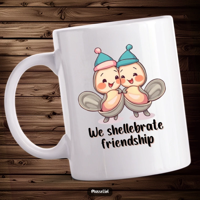 Funny mussels wearing jaunty caps, playfully bumping shells together, depicted on a fun mug for friends.