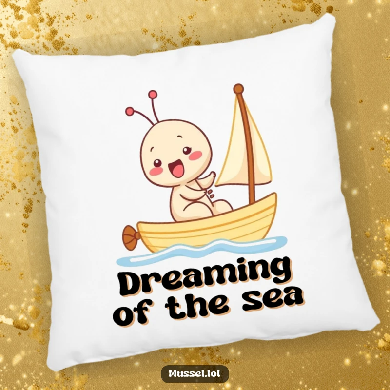 Funny Kawaii Mussel Pillow: A plump pillow adorned with a mussel character joyfully giggling aboard a small sailboat, adding comfort and humor.