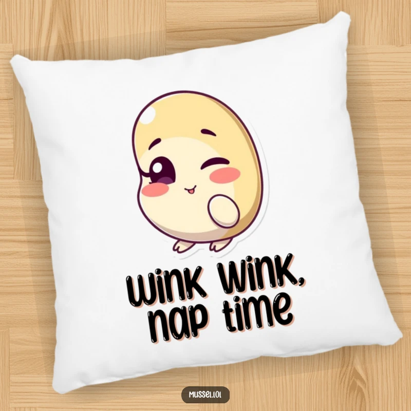 Funny decorative pillow with a mussel character winking with one eye slightly ajar, offering comfort and playful humor.