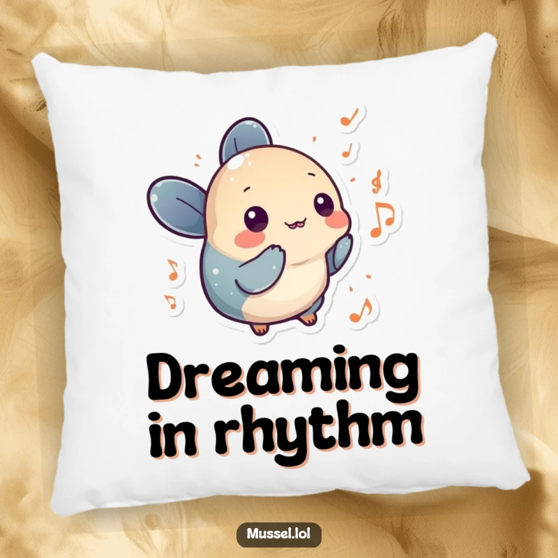 Funny mussel character with tiny musical notes floating around it, designed for a humorous and comfortable pillow.