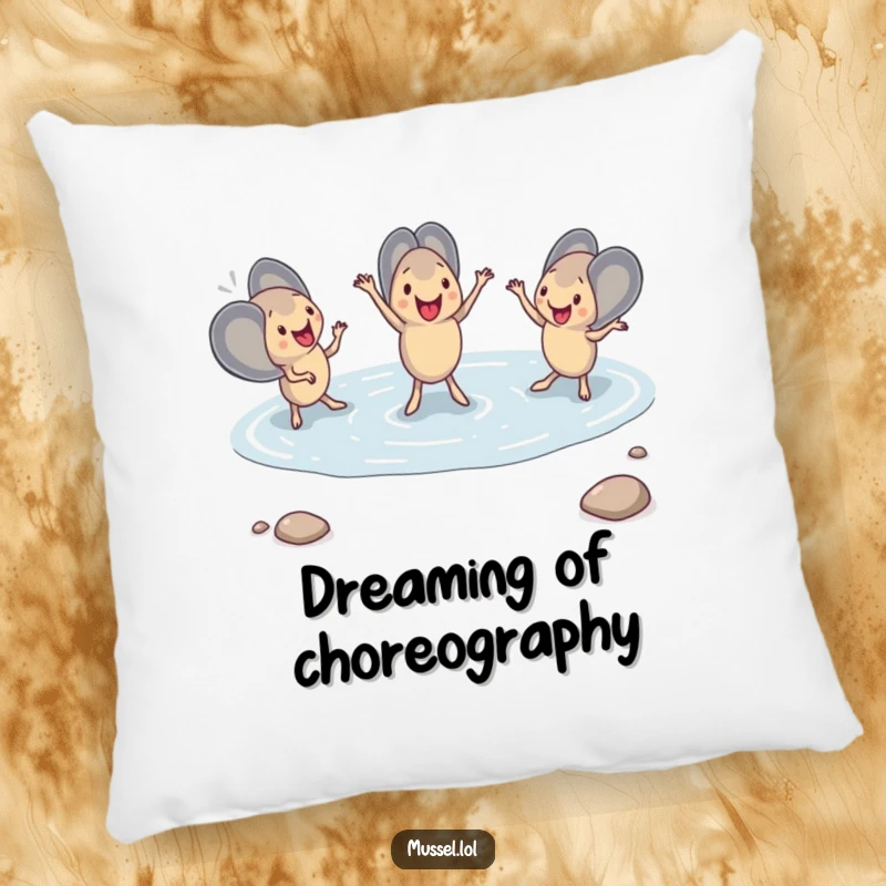 Funny Mussel Dance Pillow showcasing a synchronized group of mussels performing a charming dance in a tide pool, perfect for adding quirky comfort.