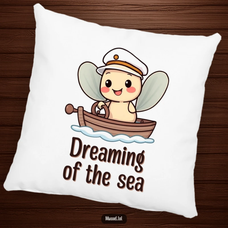Funny Pillow: A smiling mussel character in a sailor hat steering a boat, offering cozy nautical humor and comfort.