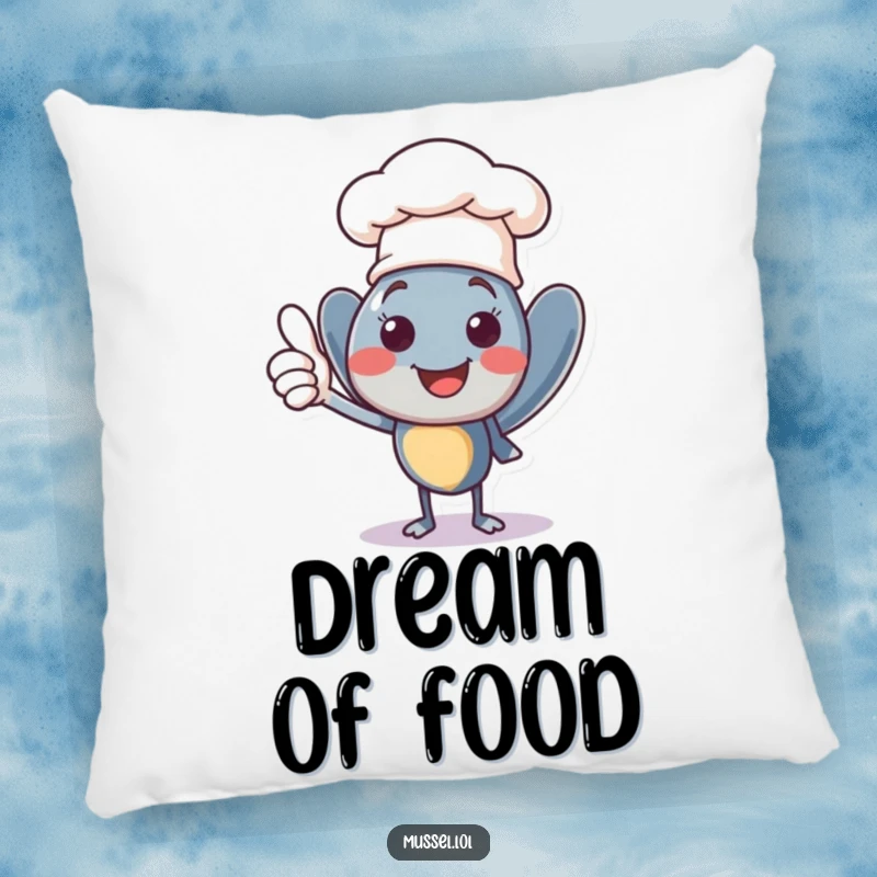 Funny smiling mussel character wearing a tiny chef hat, giving a confident thumbs up, a soft and humorous pillow.