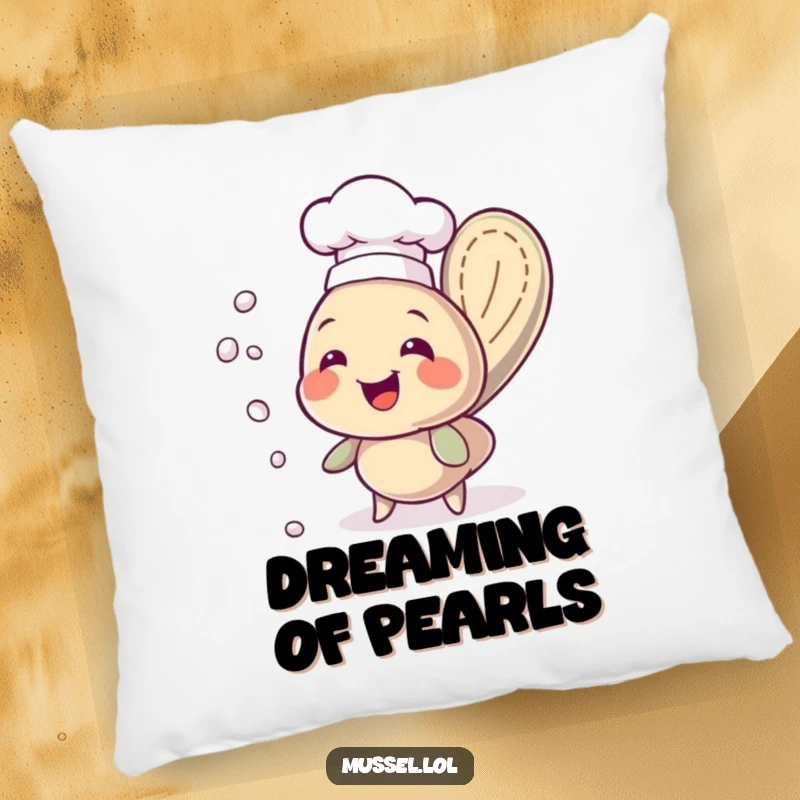 Soft, plush pillow featuring a funny chef mussel character in a hat, juggling pearls, perfect for adding humor to any room.