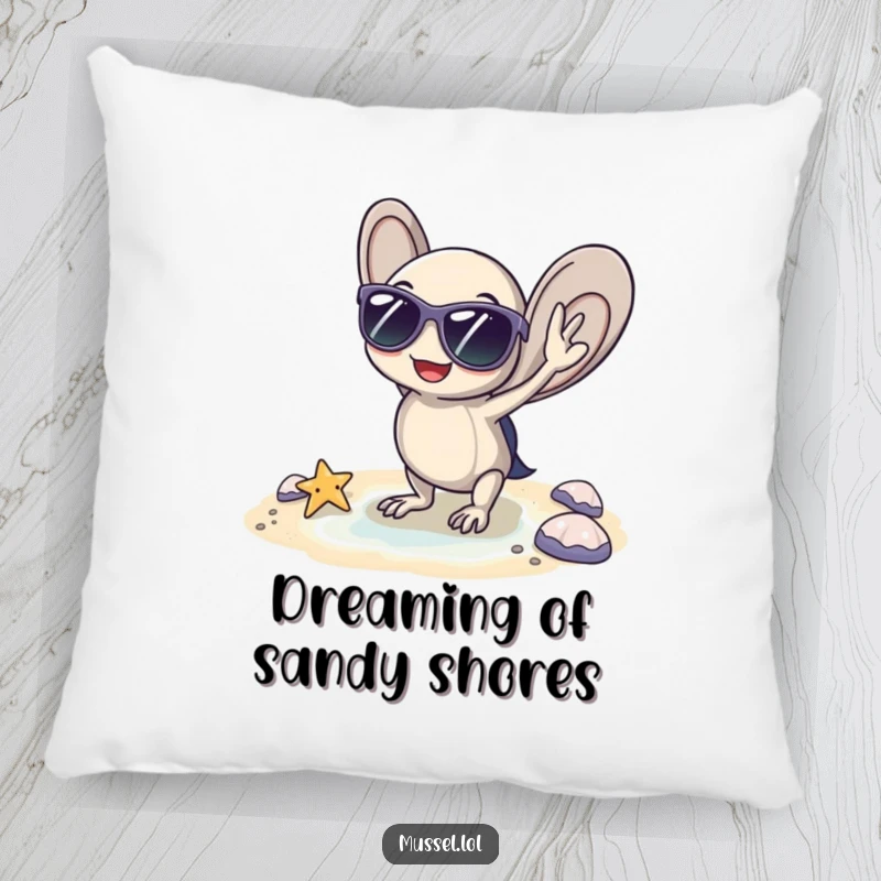 Funny pillow featuring a mussel wearing sunglasses, posing coolly by a tiny beach, offering soft comfort and beachy humor, a funny gift.
