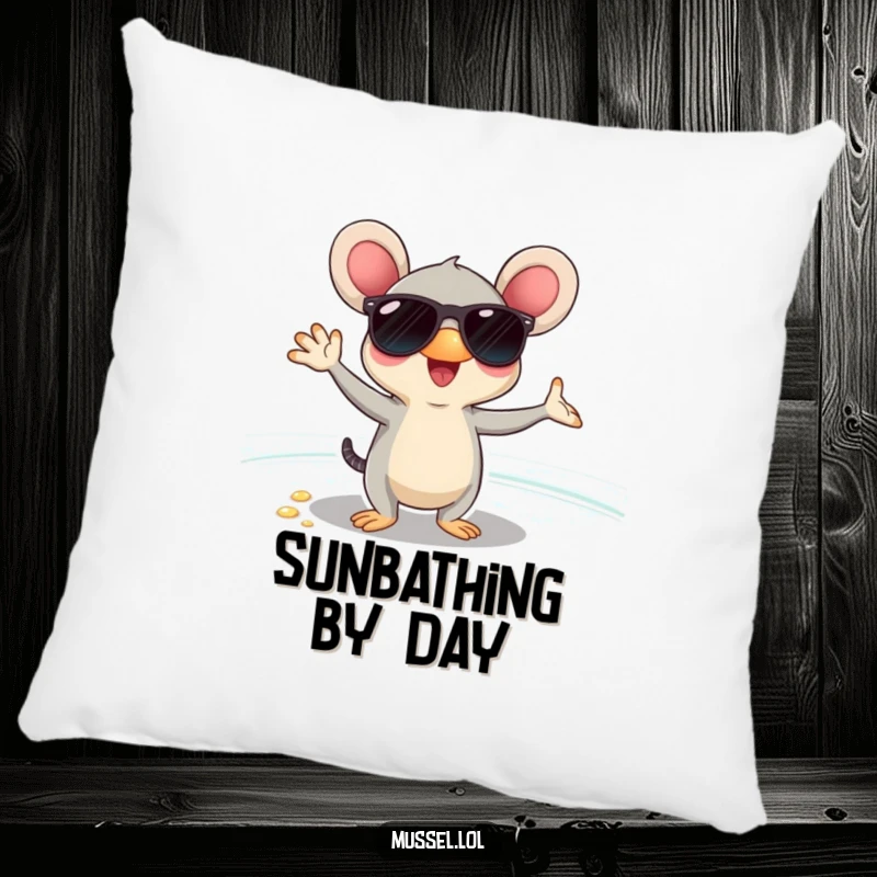 Soft pillow featuring a funny mussel character in sunglasses, posing coolly on a beach, adds relaxed humor to any room.